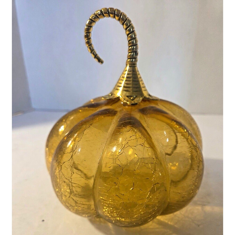 Gold Crackle Glass Pumpkin Vegetable Figurine w/ Metal Stem 7 in Tall
